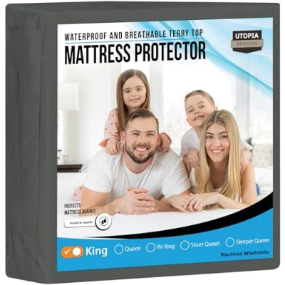 Afbeelding van Utopia Bedding Waterdichte Matrasbeschermer King Size, Premium Terry Matrashoes 200 GSM, Ademend, Hoesmodel met Rekbare Zakken (Grijs)