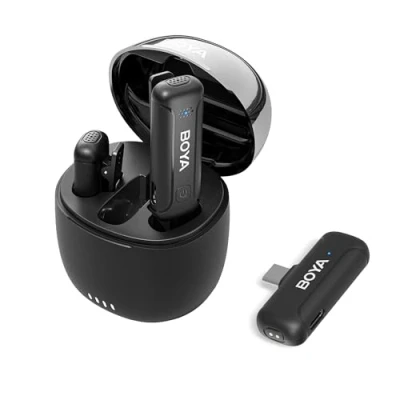 Afbeelding van Boya Draadloze Lavalier microfoon voor Android, ruisonderdrukkende USB C met oplaadcase en 100 m transmissie, 32 uur werktijd Android smartphone/laptop/Osmo Action 2/3 zwart
