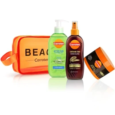 Afbeelding van Carroten 3 delige zonneverzorgingsset bruiningset van intensieve bruiningsgel 150 ml, bruiningsolie ml en aftersun koelende gel 200 incl. praktische make uptas