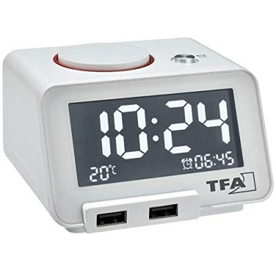 Afbeelding van TFA Dostmann digitaalwekker HOMTIME, 60.2017.02, melodie alarm met instelbare geluidsterkte, snooze functie, binnentemperatuur, USB oplaadfunctie,wit, (L) 103 x (B) 90 (H) 66 mm
