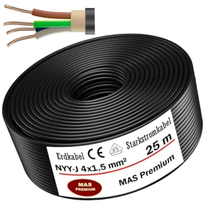 Afbeelding van Aardingskabel stroomkabel 5, 10, 15, 20, 25, 30, 35, 40, 50, 60, 70, 75, 80, 90 of 100 m NYY J 4x1,5 mm² elektrische kabelring voor installatie buitenshuis, grond (25 m)
