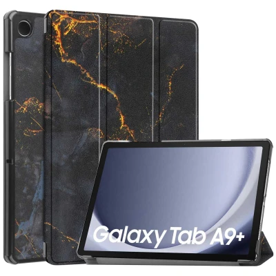 Afbeelding van Samsung Galaxy Tab A9 Plus Hoes: iMoshion Design Trifold Bookcase Black Marble Kunstleder Tablet Hoezen