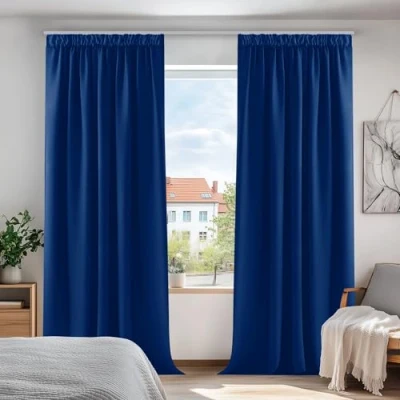 Afbeelding van Deconovo Verduisterende Gordijnen Plooiband, Ondoorzichtig Thermogordijn voor Woonkamer, Slaapkamer, 132x214 cm (B x H), Royalblauw, 2 stuks