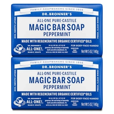Afbeelding van Dr. Bronner&#039;s Pure Castile Bar Soap (Peppermint, 5 ounce) Gemaakt met biologische oliën, voor gezicht, lichaam en haar, zacht hydratatie, biodegradable, veganistisch, cruelty free, niet GMO (5
