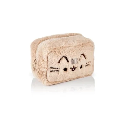 Afbeelding van Pusheen Womens pluizige make up tas Dames all over bont met geborduurd Logo in bruin Klassieke Zip Cosmetische Opbergtas Kat Kleding Container Voldoende Opslag