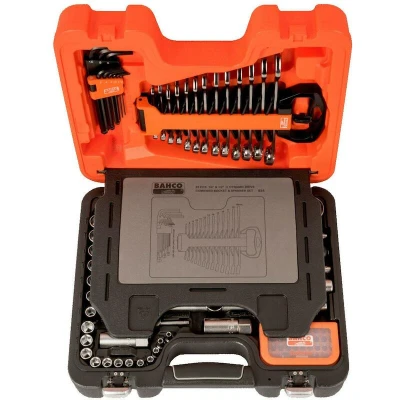Afbeelding van Bahco Doppenset 1/4&quot; en 1/2&quot; omkeerbare ratels zeskant metrisch inclusief ringsteeksleutels inbussleutels bits 96 delig koffer S95
