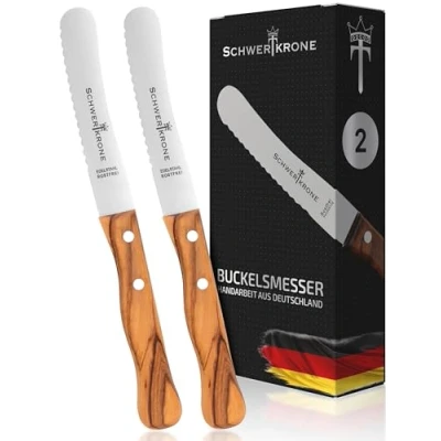 Afbeelding van Buckelsmes, broodmes, botermes met gekarteld houten handvat, olijfhout, handvat (2 stuks)