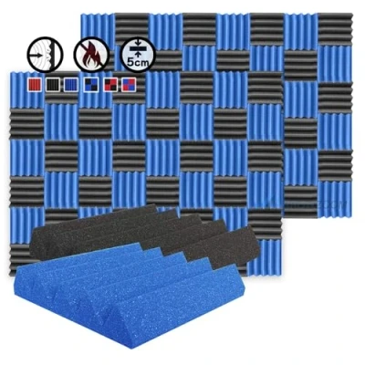Afbeelding van Arrowzoom 96 Acoustic Panelen Geluidsabsorberende akoestische Wedge Correctie Vlamvertragende Audio Behandeling schuimpanelen 25x25x5cm Blauw &amp; Zwart