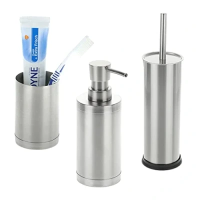 Afbeelding van Relaxdays badkameraccessoires set 3 delig zeeppomp tandenborstelbeker toiletborstel rvs zilver