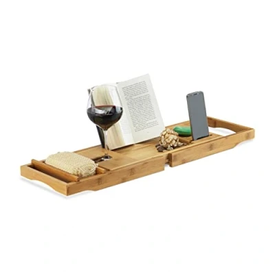 Afbeelding van Relaxdays badplank bamboe badbrug van hout uitschuifbaar boekensteun glashouder