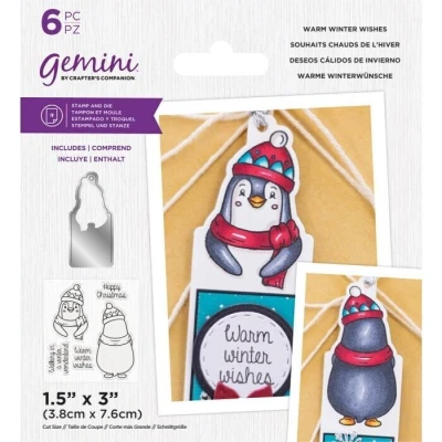 Afbeelding van Gemini Clearstamp&amp;snijmal set Character Gift Tags Warm Winter Wishes