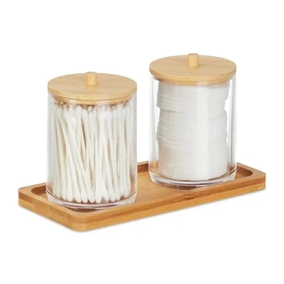 Afbeelding van Relaxdays wattenschijfjeshouder met plateau, 3 kunststof potjes, bamboe deksel, badkamer organizer, transparant/natuur