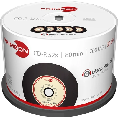 Afbeelding van Primeon CD R 80Min/700MB/52x Cakebox (50 schijven), zwart vinyl disc oppervlak, zwart, beige, rood, 700 MB