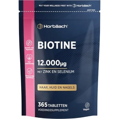 Afbeelding van Biotin Zinc Selenium 12000 mcg Zink Selen voor Haargroei 4 Maanden Voorraad 365 Veganistische Tabletten Haar, Huid &amp; Nagelsupplement met Vitamine B7 Horbaach