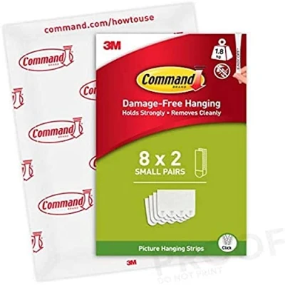 Afbeelding van Command Plakstrips, verpakking van 8 x 2 stuks, klein (16 strips), wit, afbeeldingen ophangen zonder boren, strips houden tot 1,8 kg, resten te verwijderen