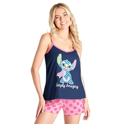 Afbeelding van Disney Stitch Dames Pyjama&#039;s Vest Korte PJ&#039;s voor Vrouwen Sets Doornroosje Minnie Mouse Tiener 2 Stuks Maten S XL Nachtkleding Loungewear Geschenken (Navy Stitch, M)