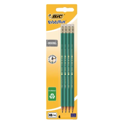 Afbeelding van Potlood Bic Evolution ecolutions zeshoekig HB met gumtop blister à 4 stuks