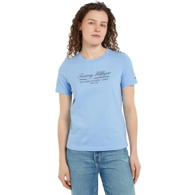 Afbeelding van Tommy Hilfiger Dames REG Script Graphic C NK SS WW0WW43502 S/S T shirt, Vessel Blue, XS, Blauw (Vessel Blue), XS