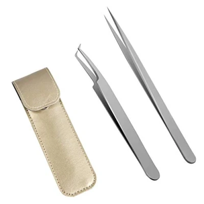 Afbeelding van Lunamoon Wimperverlenging, pincet voor wimpers, rechte en gebogen puntige uiteinden, nipper 2 stuks, professionele roestvrijstalen precisiepincetten, set (tweezers set01)