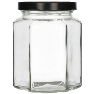 Afbeelding van 6 x 288 ml zeskantige glazen pot met zwarte schroefdeksel Hervulbaar Wasbaar Opslagcontainer stuks
