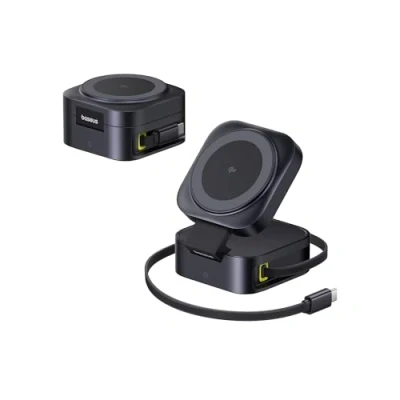 Afbeelding van Baseus PicoGo 2 in 1 Magnetische Draadloze Oplader 67W Snellader Compatibel met MagSafe Oplaadstation 15W Wireless Charger voor iPhone en AirPods Zwart