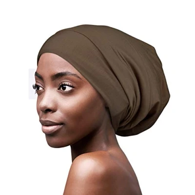 Afbeelding van FocusCare Slaapmuts met satijnen voering, soepele muts, voor krullen, meisjes, cadeau vrouwen krullend haar, Koffie, One Size Fits Most