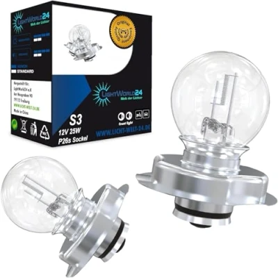 Afbeelding van LIGHTWORLD24 S3 P26s 12V 25W scooter, motorfiets, superheldere koplamp, gloeilampen, set van 2