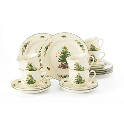Afbeelding van Seltmann Weiden Koffieservies 18 delige crème, set voor maximaal 6 personen, serie Marieluise, bevat platte borden en ontbijtborden, hard porselein, groen/kleurrijk
