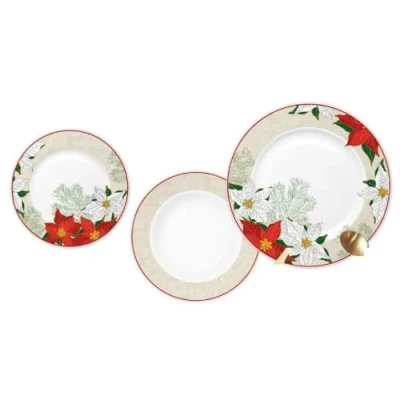 Afbeelding van Serviesset DKD Home Decor Rood Beige Porselein Bloem Kerstmis 18 Onderdelen 27 x 2 cm (2 Stuks)