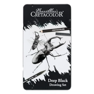 Afbeelding van CRETACOLOR Deep Black, tekenset, diepzwarte teken en schetsset, 10 delig, niet giftig, sterk gepigmenteerd, incl. gum papierwisser, geschikt voor kunstenaars beginners