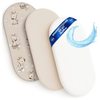 Afbeelding van Hoeslaken Kinderwagen Baby Hoeslakenset Set van 3: 75 x 35 cm 2x lakenset + 1x waterdichte matrasbeschermer Babybed Accessoires voor Kinderbedje Aanschuifbed Wiegje Beige met witte sterren
