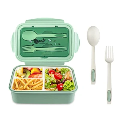 Afbeelding van Newpop lunchbox met 3 vakken en lepel, vork, 1400 ml, bento waterdicht, BPA vrij, voor magnetron vaatwasser, volwassenen, kinderen, schoolwerk, groen