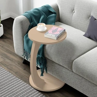 Afbeelding van [en.casa] Bijzettafel Holeby verrijdbaar C vormig design 56x38 cm spaanplaat cappuccino