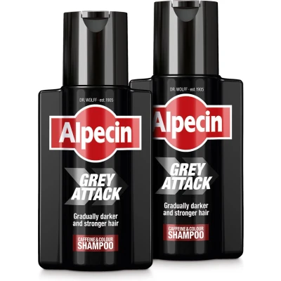 Afbeelding van Alpecin Grey Attack Cafeïne &amp; Kleur Shampoo voor Mannen 2x 200ml Geleidelijk donkerder en voller haar Natuurlijk ogend kleureffect zichtbaar minder grijs Tegen dunner wordend