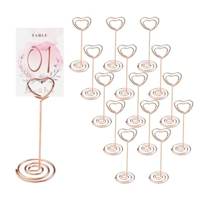 Afbeelding van inodiref 12 stuks plaatskaarthouders, hartvorm, tafelnummerhouders, memohouder, standaard, fotocliphouder, voor bruiloften, feesten, tafeldecoratie (roségoud)