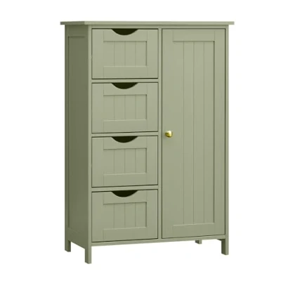 Afbeelding van VASAGLE badkamerkast, smalle bijzetkast, commode, met 4 laden, kastdeur, verstelbare plank, 30 x 55 82 cm, lauriergroen