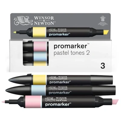 Afbeelding van Winsor &amp; Newton 0290188 ProMarker Set Pasteltinten 2, 3 layout markers in een set, met 2 punten, fijn en breed voor tekeningen, ontwerp lay outs
