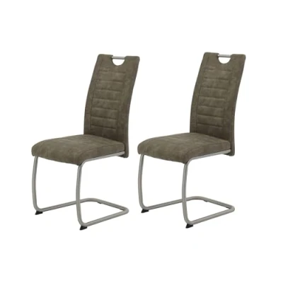 Afbeelding van Set van 2 eetkamerstoelen Ulla, bekleding microvezel vintage look modder, metalen gest. ronde buizen roestvrij staal