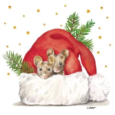 Afbeelding van 20 servetten wintermuizen in wintermuts als tafeldecoratie. Papieren met motief. Ook voor decoupage en servettentechniek 33x33cm