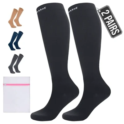 Afbeelding van 360 Relief 2 Paar Compressiesokken Dammes en Herren Plus Maat Effen Kleuren Compressiekousen voor Sport, Hardlopen, Vliegen, Reizen, Joggen, Fietsen, Werk Zwart 4XL Kniehoge sokken met Waszakje