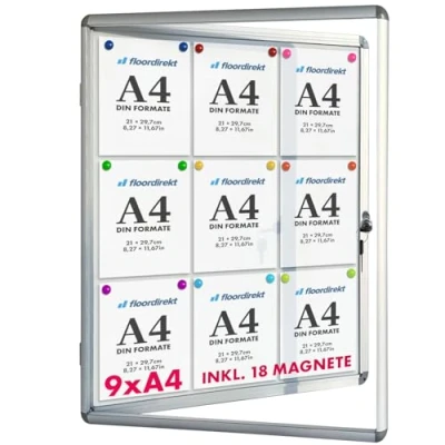 Afbeelding van Premium showkast voor gebruik binnenshuis, infobox, uithangkast, acrylglas, magnetische &amp; beschrijfbare achterwand, vleugeldeur met cilinderslot, frame van aluminium (voor 9 x A4)