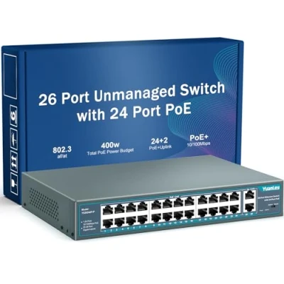 Afbeelding van YuanLey 26 PoE poorten, 24 poort, 100 Mbps, 2 Gigabit Uplink, 802.3af/at High Power 400 W, Plug and Play niet in een rack beheerd