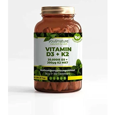 Afbeelding van Vitamin D3 + K2 MK7 20.000 IE 200 µg 180 Tabletten