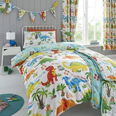 Afbeelding van Happy Linen Company Meisjes Jongens Kids Leuke Dinky Dinosaurussen Peuter Kinderbedje Bed Omkeerbaar Dekbedovertrek Beddengoed Set