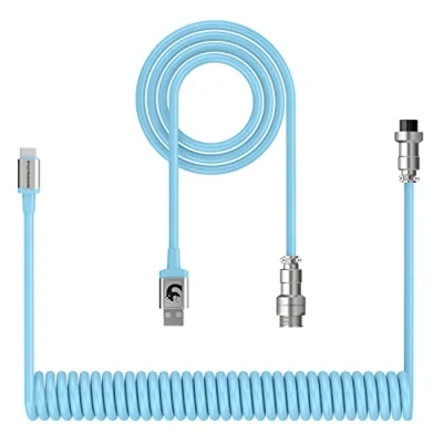 Afbeelding van XINMENG C01 opgerolde toetsenbordkabel, aangepaste USB C vliegenierkabel voor mechanisch gamingtoetsenbord, Type naar A, TPU veerkabel met afneembare metalen luchtvaartconnector blauw