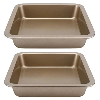 Afbeelding van 22x22x4.6 cm Bakblik 2 Stuks Vierkante Taart Pan Koolstofstaal Bakvorm Bakvormen Non stick Bakplaat Kaas Cake Pizza Schimmel Lade(Goud)