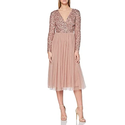 Afbeelding van Maya Deluxe Vrouwen Dames Bruiloft Gast Midi Jurk Lange Mouw Diep hals V Pailletten Verfraaid Afstuderen Bruidsmeisje, Bleke Mauve, 38