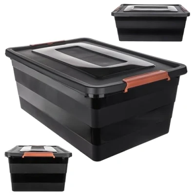 Afbeelding van KADAX opbergdoos met deksel, speelgoedkist, robuuste plastic container van kunststof, opbergbox kliksluiting, (zwart, 40 l)