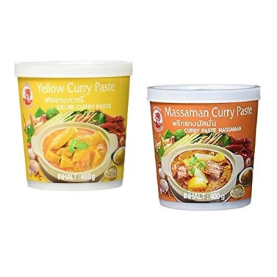 Afbeelding van Cock Merk probeerset currypasten 2 pack (2 x 400g) soorten, elk 1 blik geel, massaman currypasta