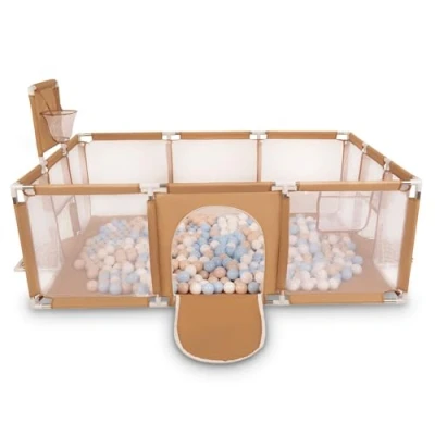 Afbeelding van Selonis Babybox, groot formaat, speelmat, met 100 ballen, voor kinderen, beige, ballen: pastelbeige/pastelblauw/wit